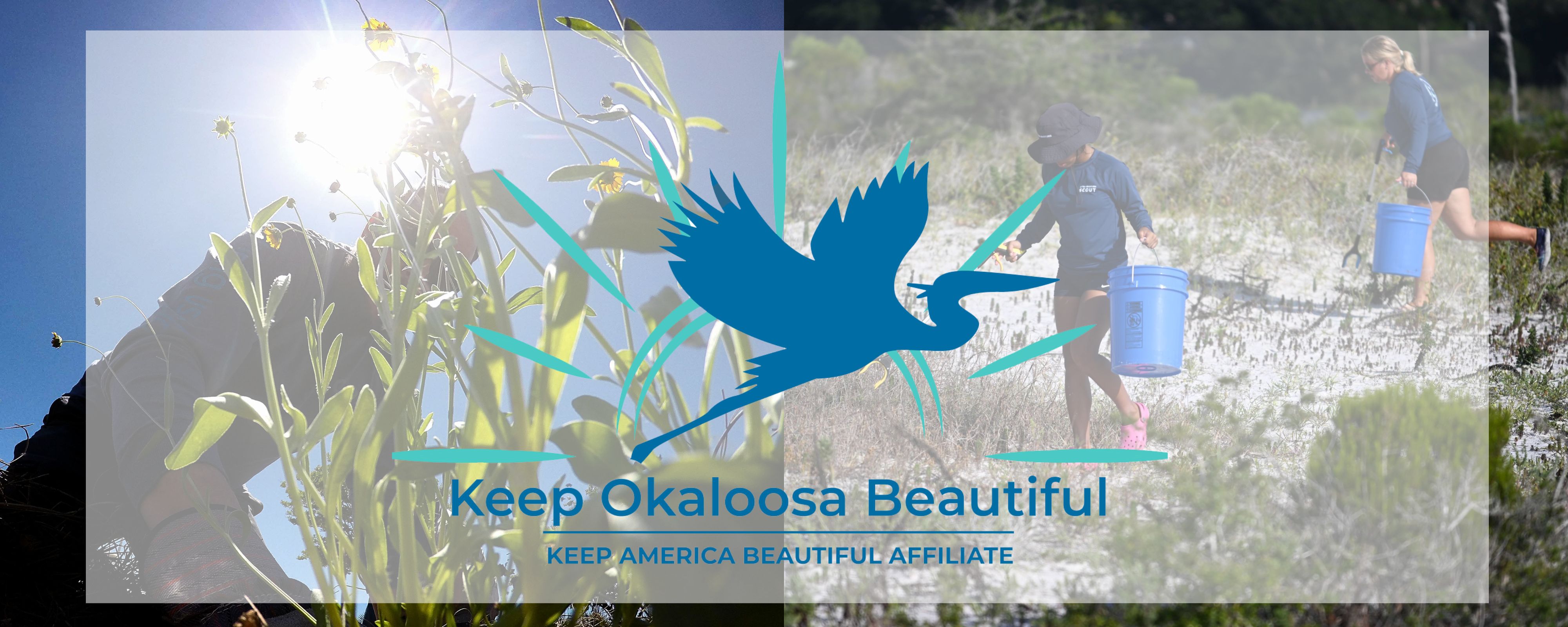 Keep Okaloosa Beautiful logo, Flowers, garbage on the beach